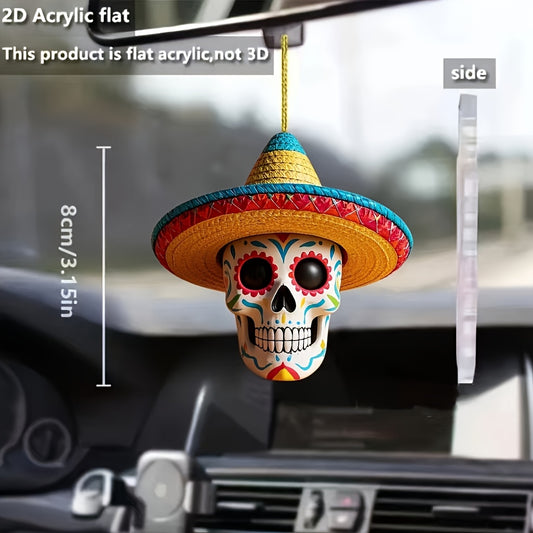 2D Flat, 2D Flat 1pc Colorful Skull with Straw Hat 2D Acrylic Car Hanging Ornament, Suitable for May Day Festival, Mexican Carnival, Día de los Muertos, Home Decor, Bag Accessories, Keychain, Rearview Mirror Decoration, Perf
