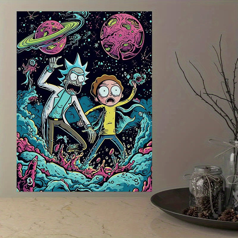 1pc Warner Bros. Rick and Morty Canvas Art Print - Vibrant Cosmic Energy Theme Unframed Wall Decor with Planets, Stars & Alien Creatures, Perfect for Living Room, Bedroom, Office, Classroom - Aesthetic Room Decor, Father's Da