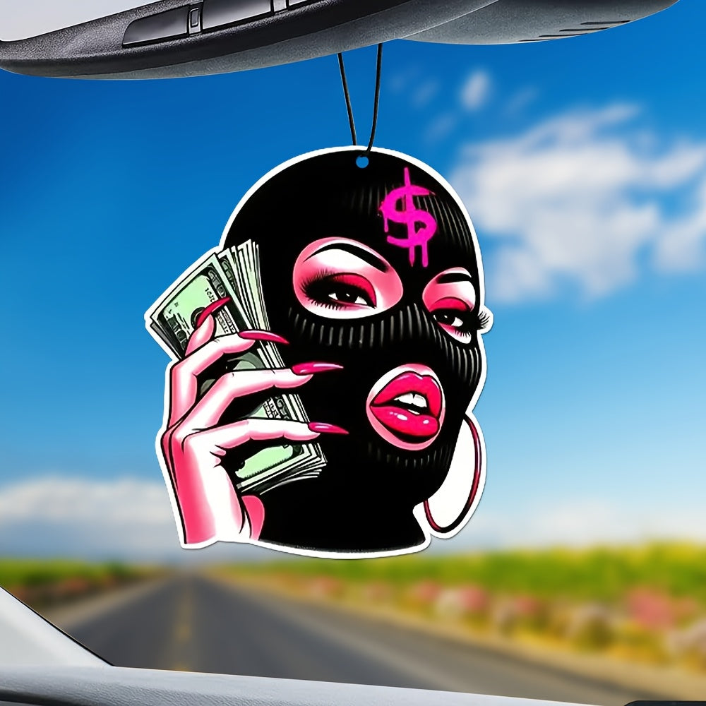 Rich Woman Black Faced Girl Car Hanging Pendant - Bold Masked Design with Pink Lips & Dollar Bills, Light Fragrance Paper Scent, All-Season Car Interior Deodorizer, Fit for All Vehicles, Perfect Car Owner Gift, Female Car Acc