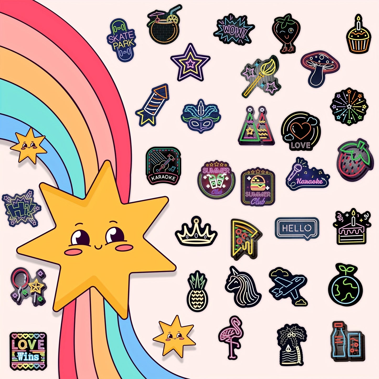 100-Pack Neon Cartoon Stickers, Polypropylene, Self-Adhesive, Reusable, Irregular Shape, Cool Graffiti Decals, Fluorescence Style DIY Decoration, for Plastic Surfaces, Suitable for Ages 14+