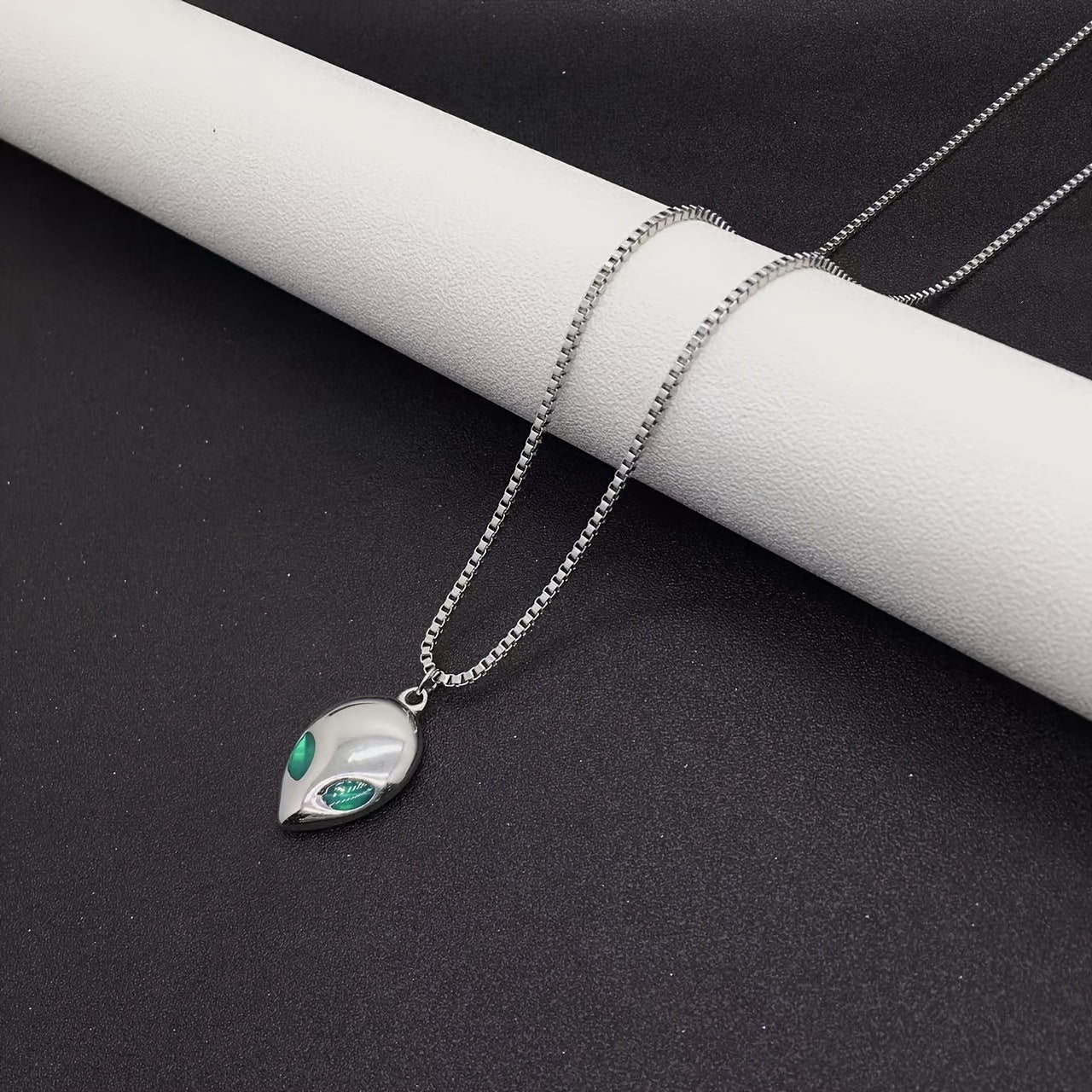 Unisex Funky Punk Style Titanium 316L Stainless Steel Alien Pendant Necklace with Green Eyes - Long Chain Edgy Jewelry for Men & Women, Durable Space-Themed Accessory for Casual & Formal Outfits, Formal Accessories, Punk Fash
