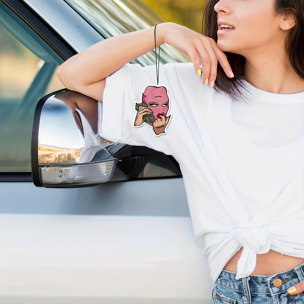 Pink Balaclava Mask Car Air Freshener Pendant with Money & Phone Design - Light Fragrance Paper Scent, All-Season Hanging Decor for All Vehicles, Unique Car Owner Gift, Car Decoration, Playful Design, Crafted Accessory, Vehic