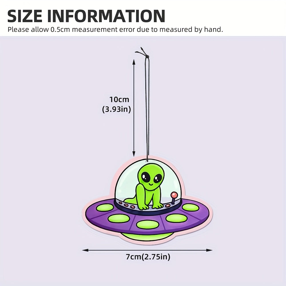 1pc Alien UFO Car Air Freshener Pendant – Cute Cartoon Design with Light Purple Saucer & Green Alien, Aromatherapy Scented Paper Hanging Decor for Rearview Mirror, All-Season Deodorizer for Cars, Alien Decor