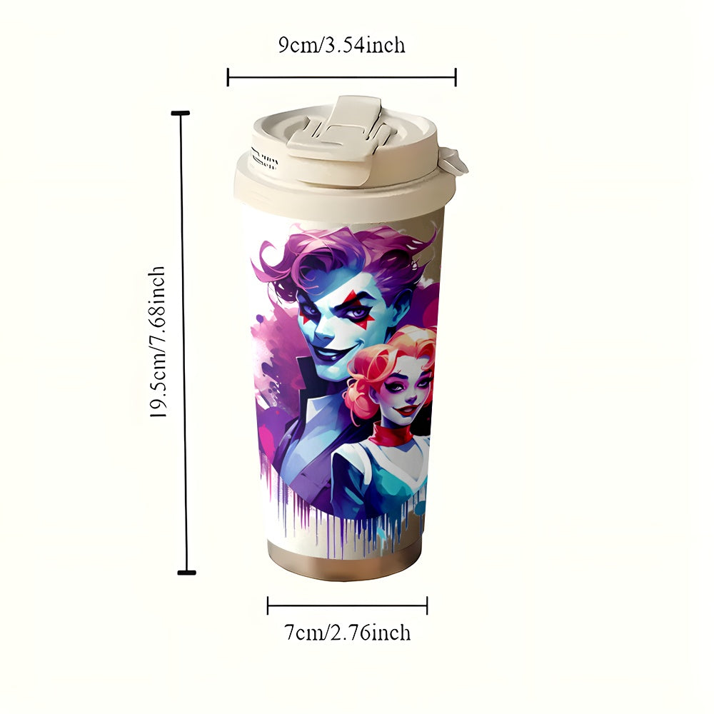 1pc WB Joker Stainless Steel Insulated Travel Mug 18oz - Vibrant Joker & Harley Quinn Artwork, Leak-Proof Lid, Reusable Coffee Cup for Office, Commute, Home - Hot & Cold Beverage Mug, Coffee Travel Mug, Artistic Drinkware, St
