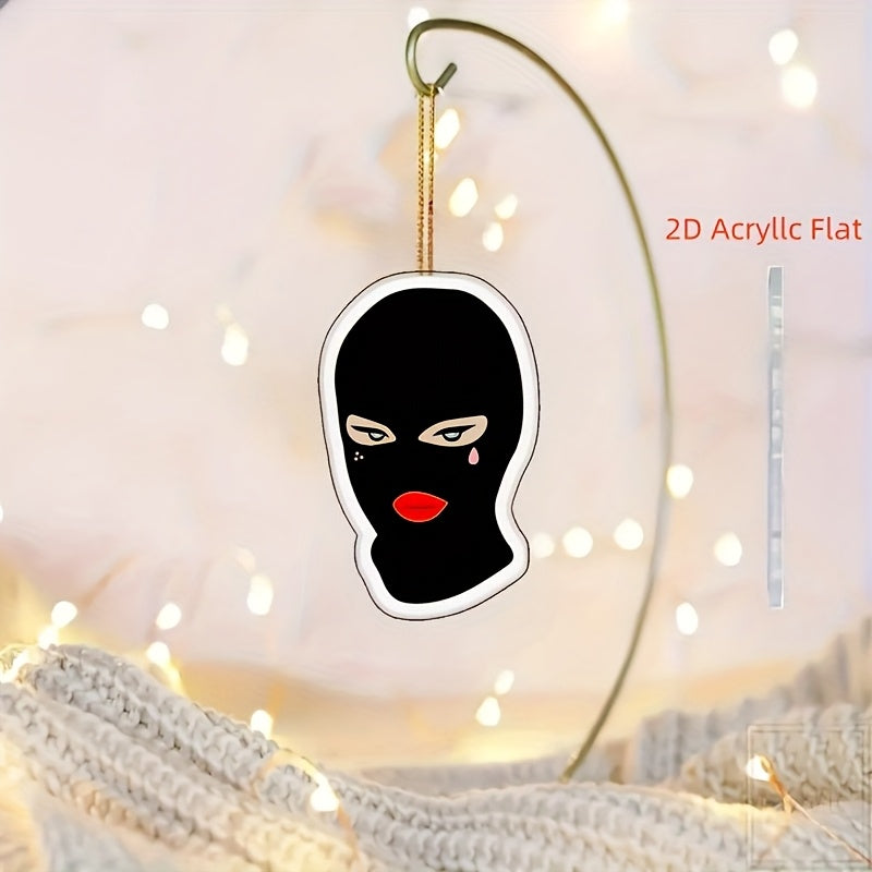 2D Flat, Stylish Acrylic Car Mirror Pendant & Keychain - 2D Flat Design with Red Lips & Black Mask, Durable Car Accessory for Home & Holiday Decor, Car Mirror Pendant, Holiday Decoration, Bold Design, 2D Flat