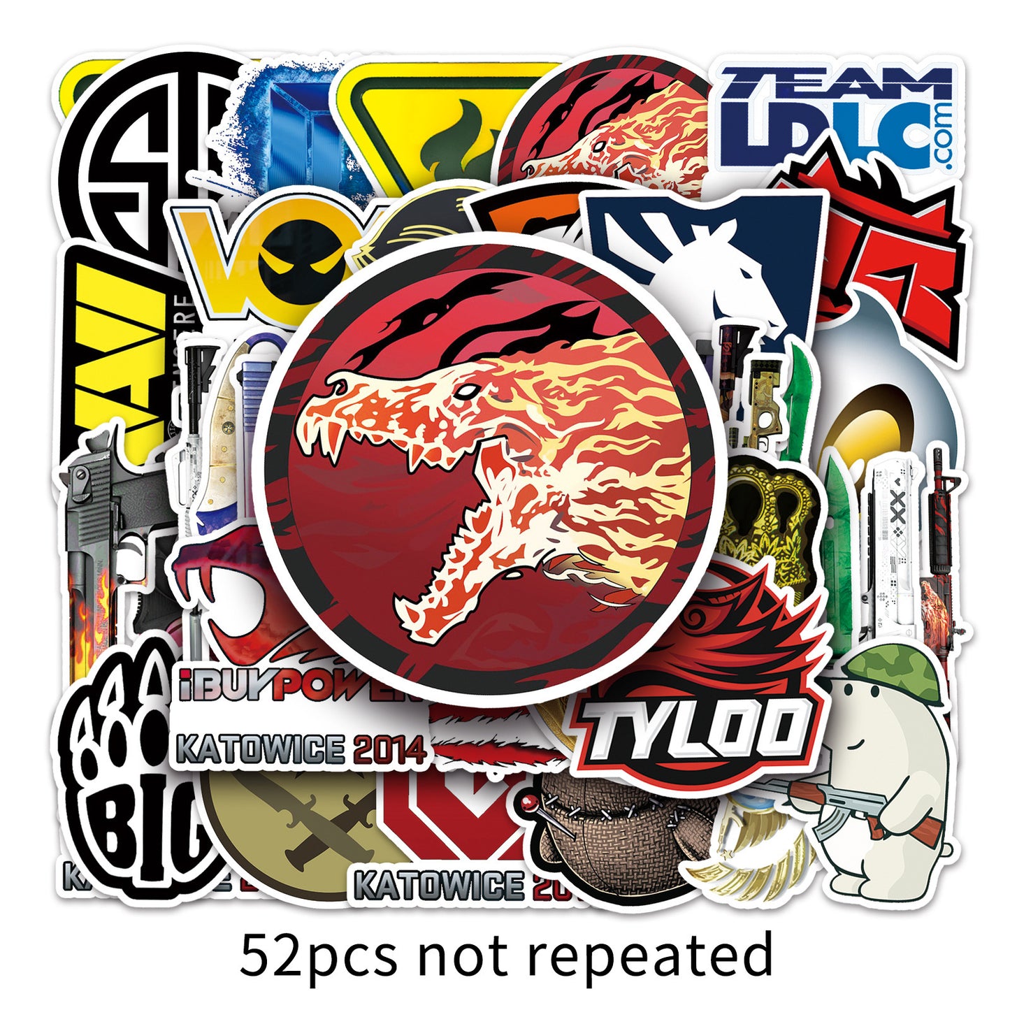 52pcs CS:GO Titan 2014 Sticker Pack - Rare Designs Including Titan, Crown, and Big Eye - Waterproof Decals for Laptops, Water Bottles, Phones, Skateboards, and Tablets - Realistic Graffiti Decor