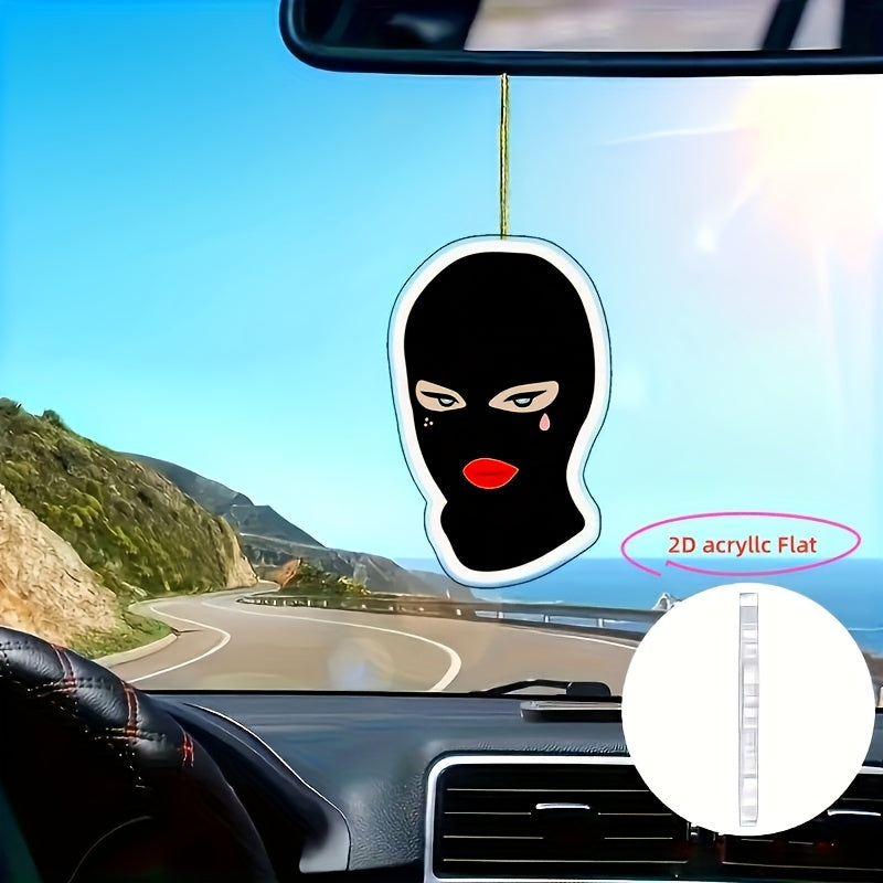 2D Flat, Stylish Acrylic Car Mirror Pendant & Keychain - 2D Flat Design with Red Lips & Black Mask, Durable Car Accessory for Home & Holiday Decor, Car Mirror Pendant, Holiday Decoration, Bold Design, 2D Flat