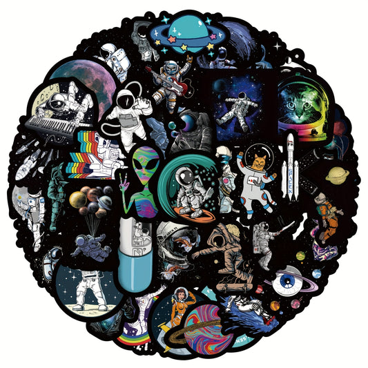 50pcs Astronaut Stickers Vinyl Aesthetic Space Theme Decals - Reusable Self-Adhesive Cartoon Astronaut Stickers with Planets, Rockets, Alien Life - Vibrant Mixed Colors for Scrapbooking, Laptop, Water Bottle, Skateboard, Car