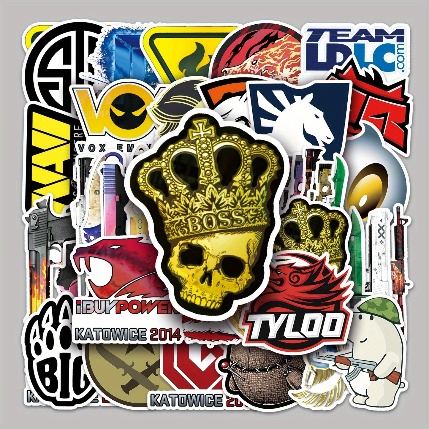52pcs CS:GO Titan 2014 Sticker Pack - Rare Designs Including Titan, Crown, and Big Eye - Waterproof Decals for Laptops, Water Bottles, Phones, Skateboards, and Tablets - Realistic Graffiti Decor