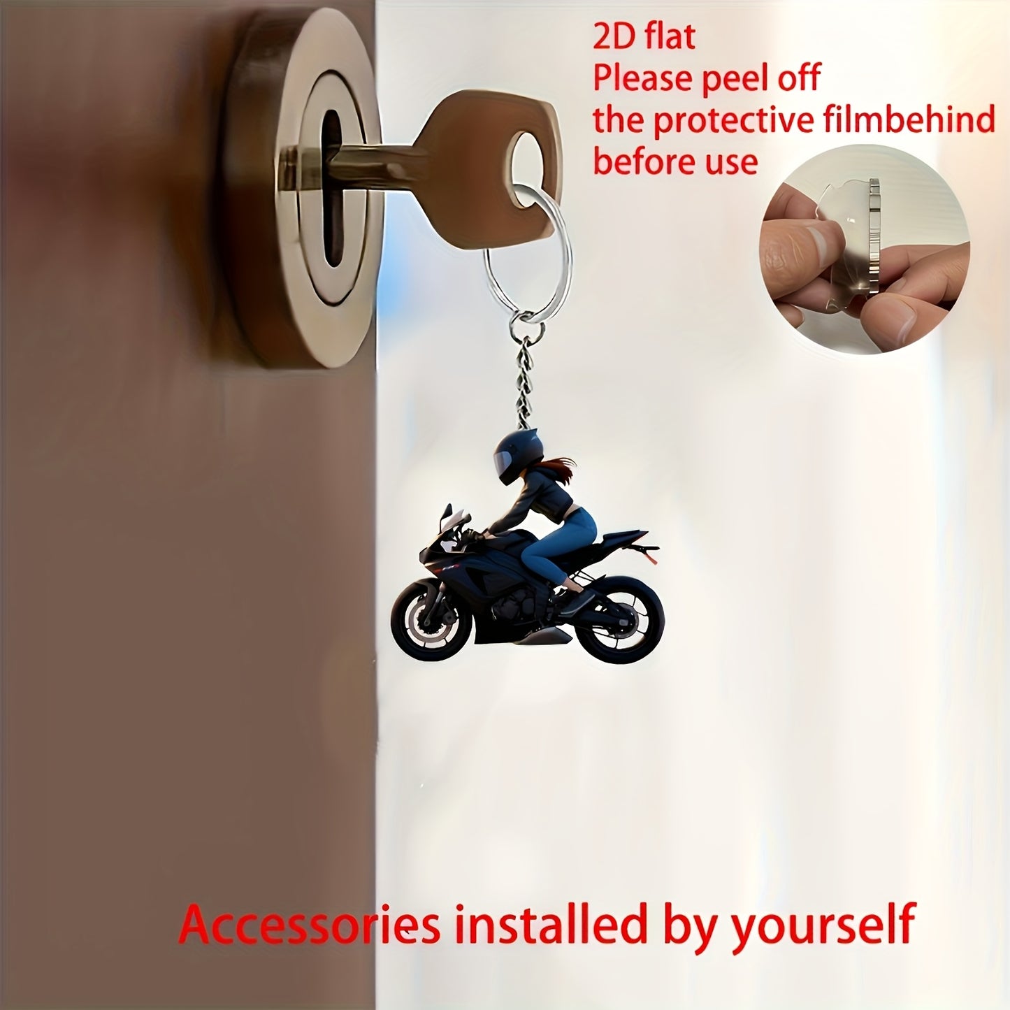 2D Flat, 2D Flat Motorcycle Rider Keychain & Car Mirror Ornament - Black Jacket & Helmet Design, 5.08cm Protective Filming Keyring for Keys/Bags, Durable Acrylic Motorcycle Accessories for Men, Father’s Day Gifts, Motorcycl