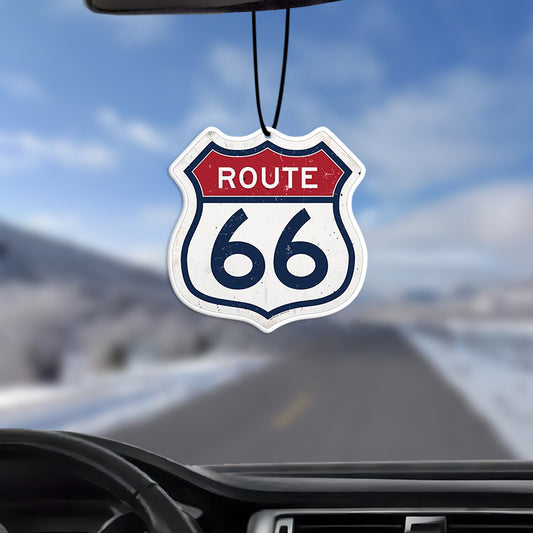 Vintage Route 66 Car Air Freshener & Wardrobe Hanging Decor - Retro Route 66 Shield Sign Pendant with Red & White Stripes, Durable Non-Alcoholic Car Interior Accessory, Gift for Car Enthusiasts, Family, Friends