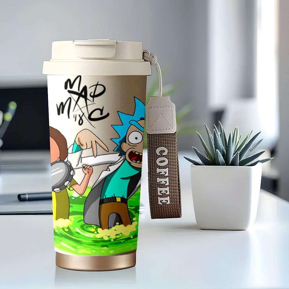 1pc 18oz Rick and Morty Stainless Steel Travel Mug - Leak-Proof, Insulated with Lid for Hot & Cold Drinks, Featuring Cartoon Character Design, Perfect for Outdoor Activities and Car Use, Hand Wash Only, Coffee Travel Mug