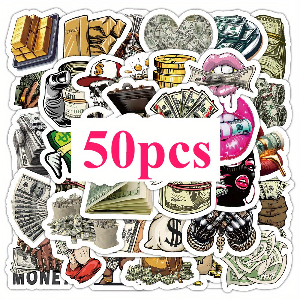 50pcs Faith-Based Money World Sticker Set - Diverse Designs with Golden Bars, Dollar Bills, and Inspirational Messages for Scrapbooking, Journals, Laptops, Water Bottles, and More - Glossy Finish, Single Use Paper Stickers, S