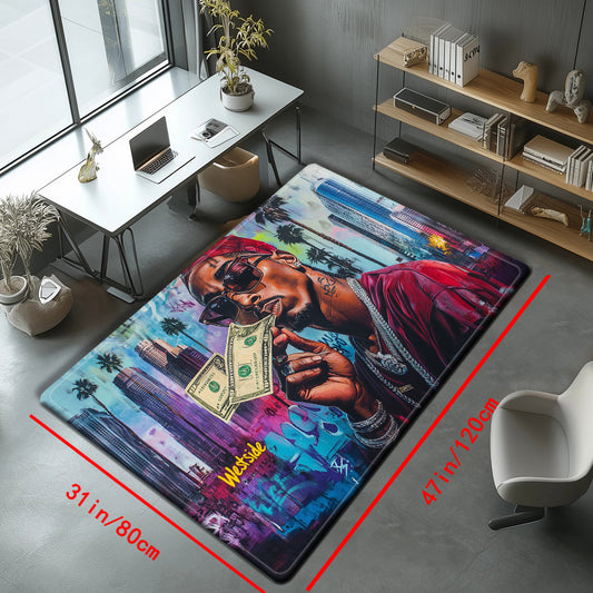 Hip-Hop Man Holding Money Print Area Mat - Vibrant Urban Street Scene with Cash, Non-Slip Polyester Mat for Living Room, Bedroom, or Office - Perfect Gift for Birthdays, Holidays, and Special Occasions, Office Decor | Colorfu