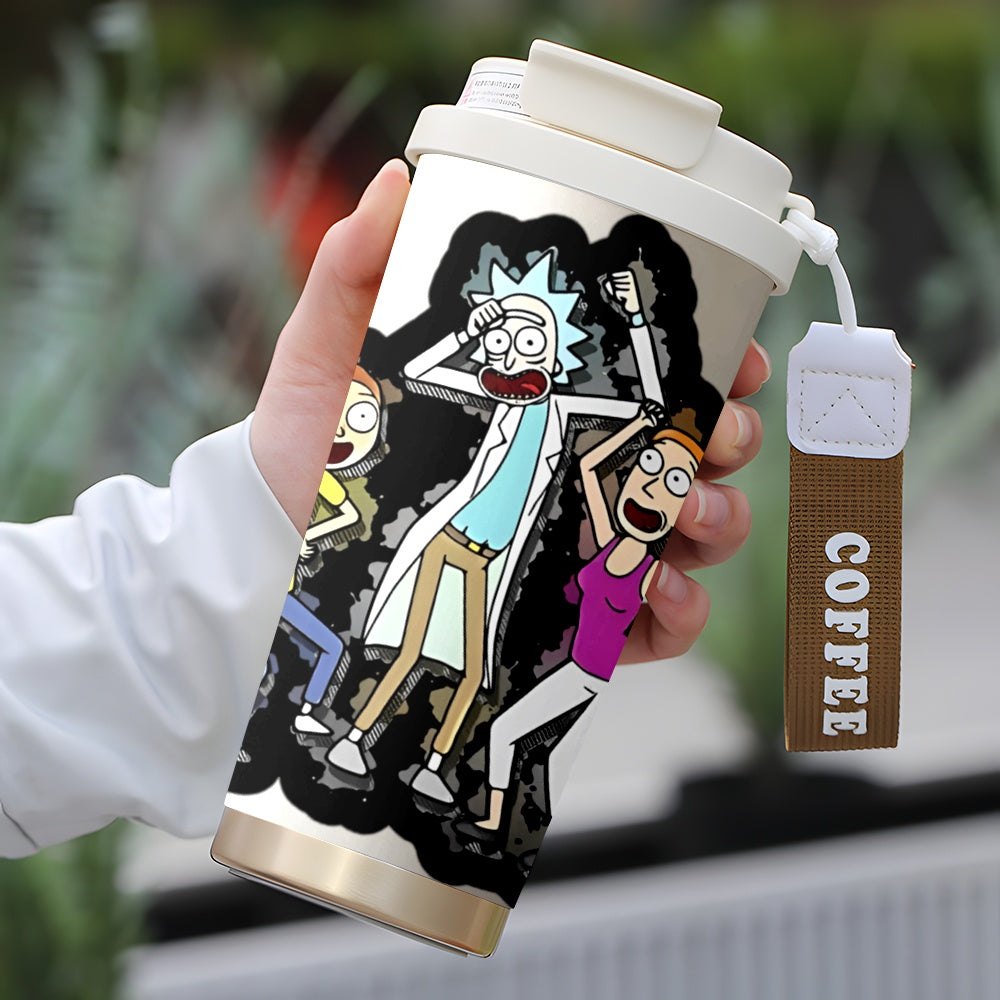 1pc WB Rick and Morty Stainless Steel Travel Mug 18oz, Double-Wall Insulated Coffee Cup with Vibrant Character Design, Leak-Proof Lid & Handle for Hot/Cold Drinks - Car, Office, Outdoor Use, Reusable Drinkware, Pop Culture Dr